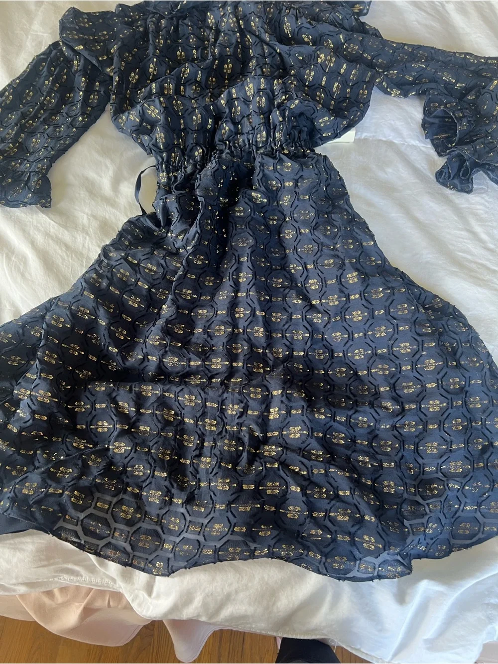 Tory Burch Navy Metallic Clip Dot Ruffle Midi Dress Size 6